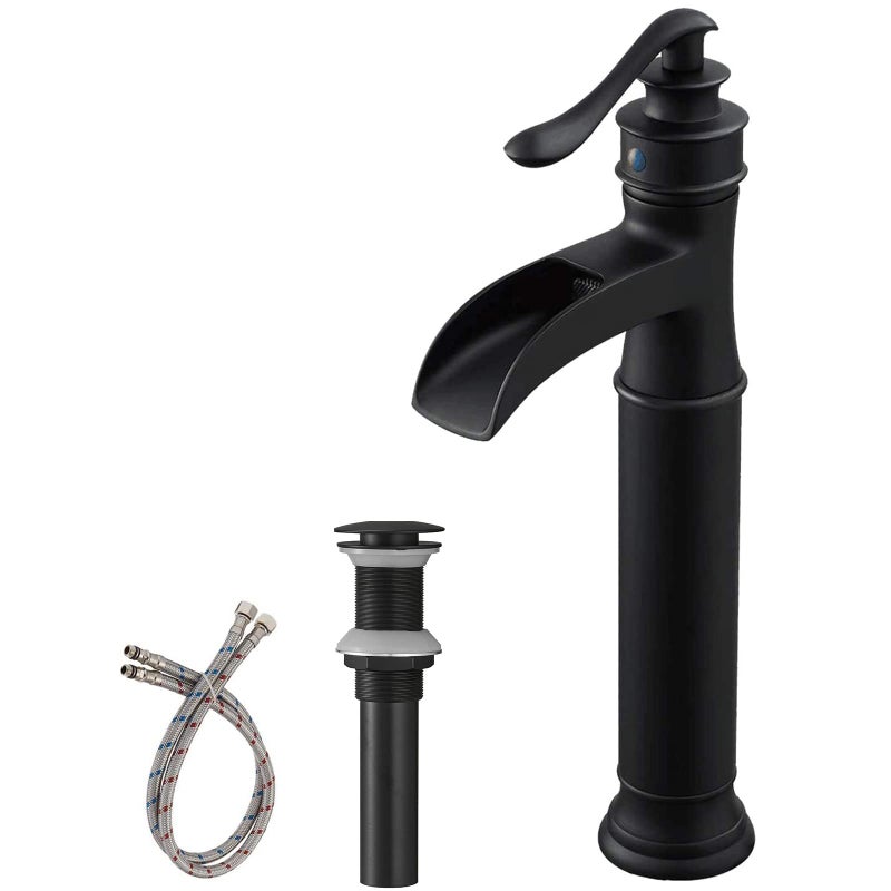 BWE Vessel Sink Faucet Waterfall Matte Black with Pop Up Drain Without Overflow and Supply Lines, Black Sink Faucet Bathroom One Handle Faucets Vanity Bath Mixer Tap - Image 1